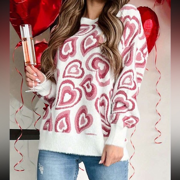 Cozy Heart Pattern Valentine Day Crew Neck Long Sleeve Sweater Top - Picture 4 of 5